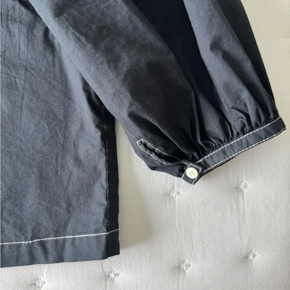 STAUD XS Dill Black Puff Sleeve Button Down Blouse Contrast Stitching - Picture 6 of 8